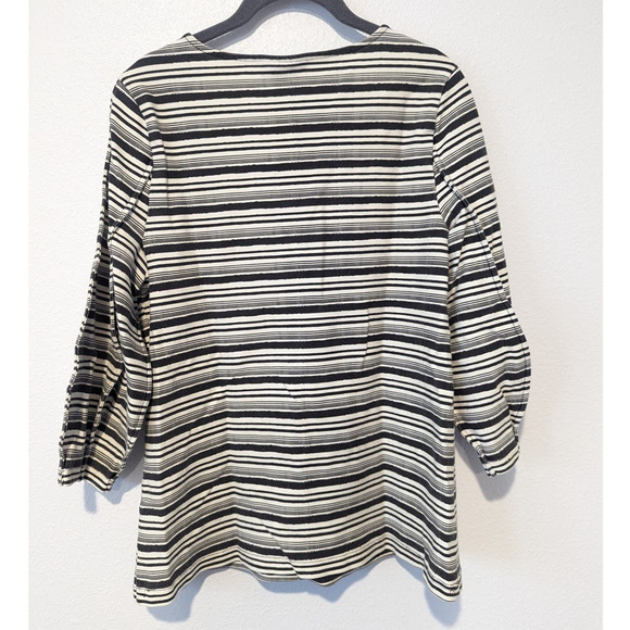 AlfaniTunic Blouse Raw Edge Bubble 3/4 Sleeve Black and Cream Striped - Picture 5 of 8